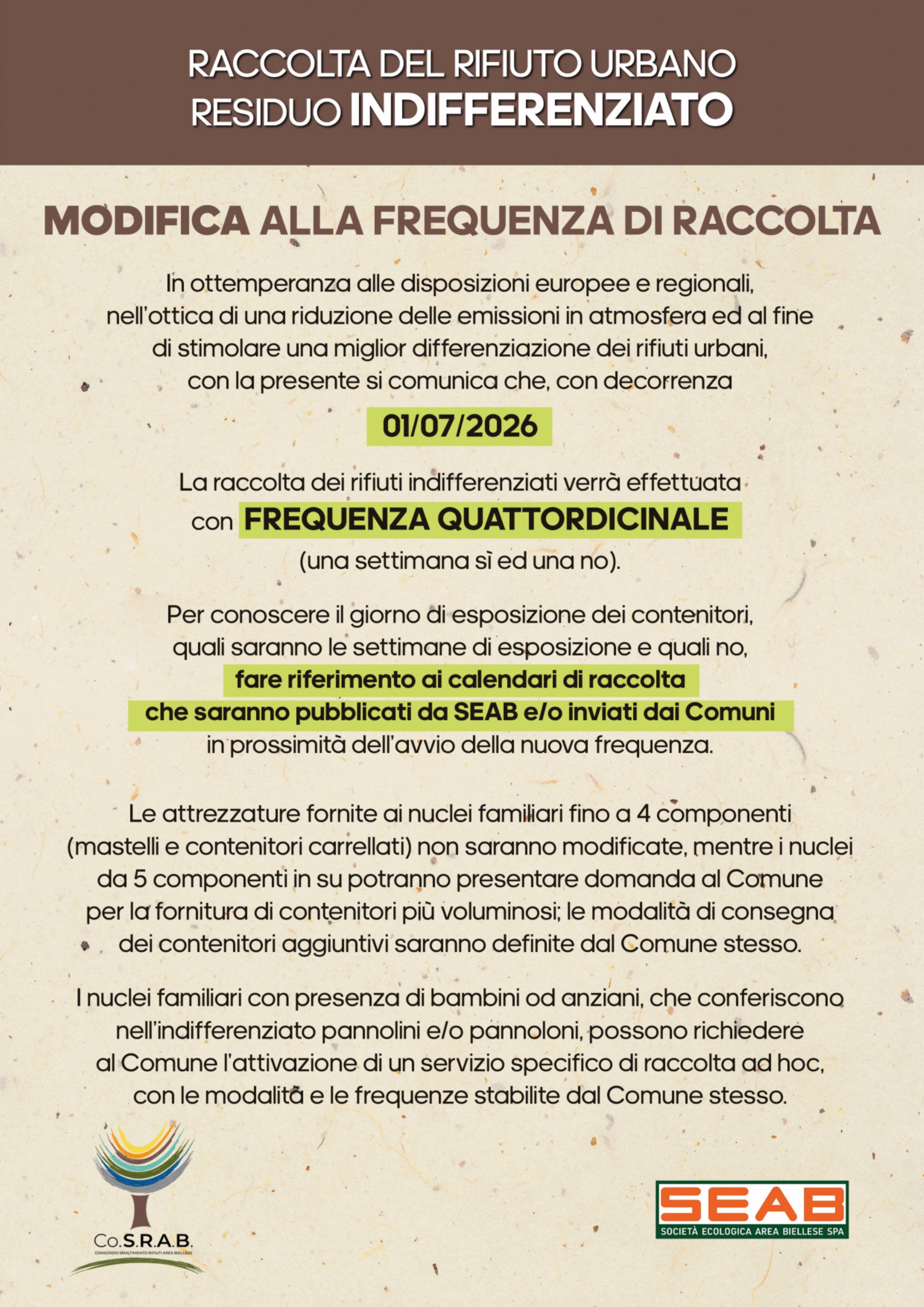 MODIFICA ALLA FREQUENZA DI RACCOLTA - RESIDUO INDIFFERENZIATO e NUOVE MODALITA' DI RACCOLTA SFALCI VERDI