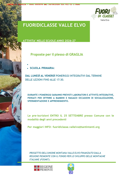Progetto FOSMIT "Fuori di classe- Valle Elvo". Raccolta iscrizioni servizio doposcuola scuola primaria